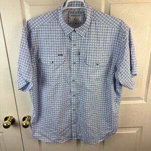 Poncho Short Sleeve Button Front Plaid Shirt Blue White